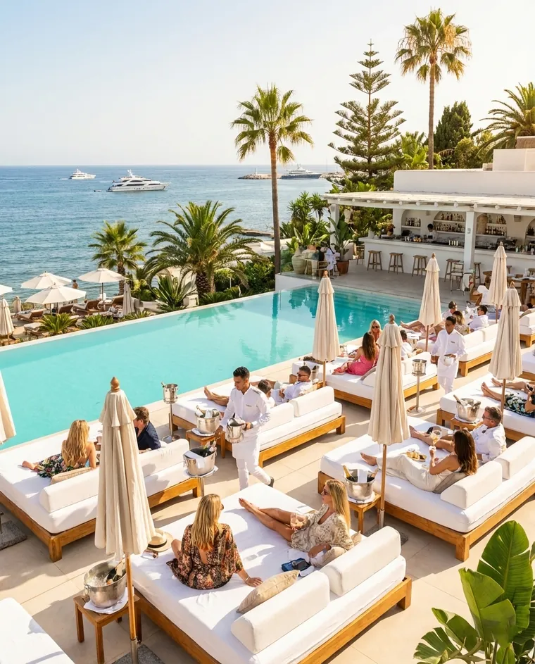 Beach club medencével és napernyőkkel
